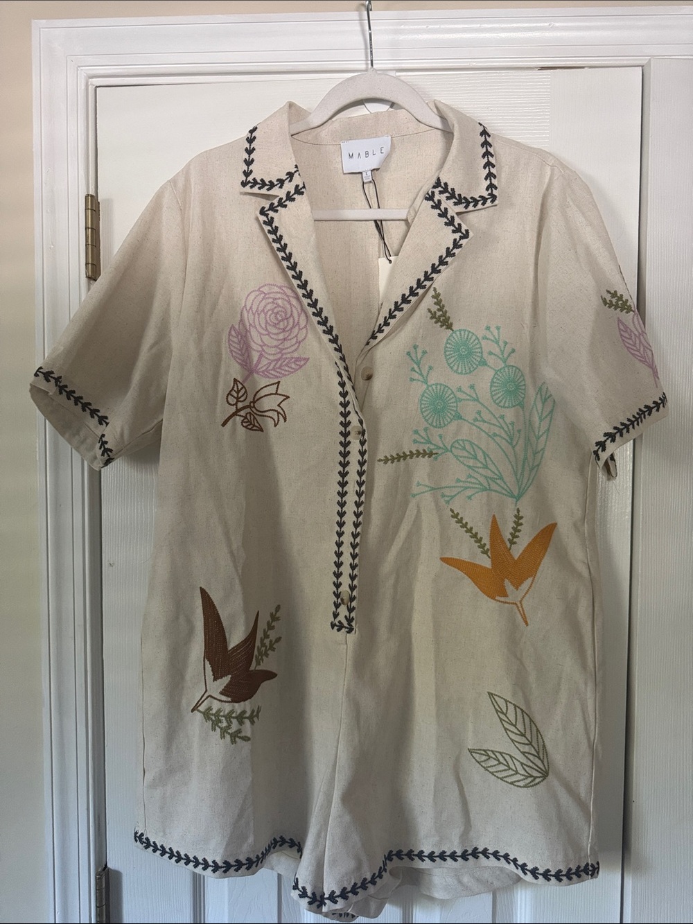 MARBLE Cream Embroidered Floral Button-Up Romper